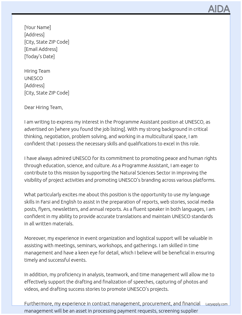 Programme Assistant At UNESCO Cover Letter