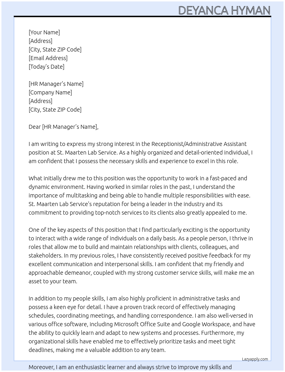 Receptionist/ Administrative Assistant At St. Maarten Lab Service Cover Letter