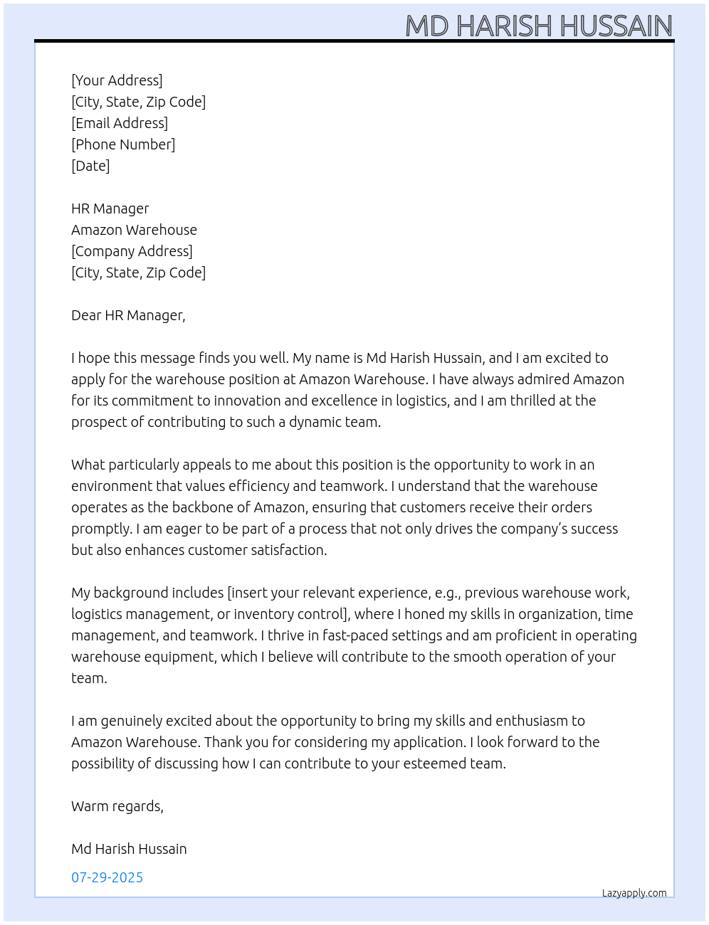 warehouse At Amazon warehouse Cover Letter