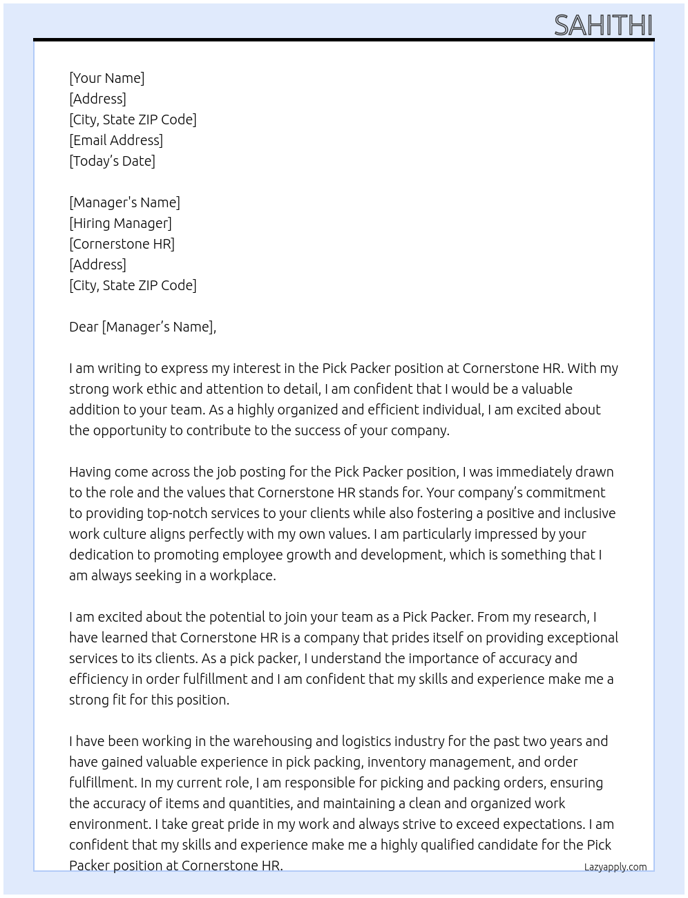 Pick packer At Cornerstone HR Cover Letter