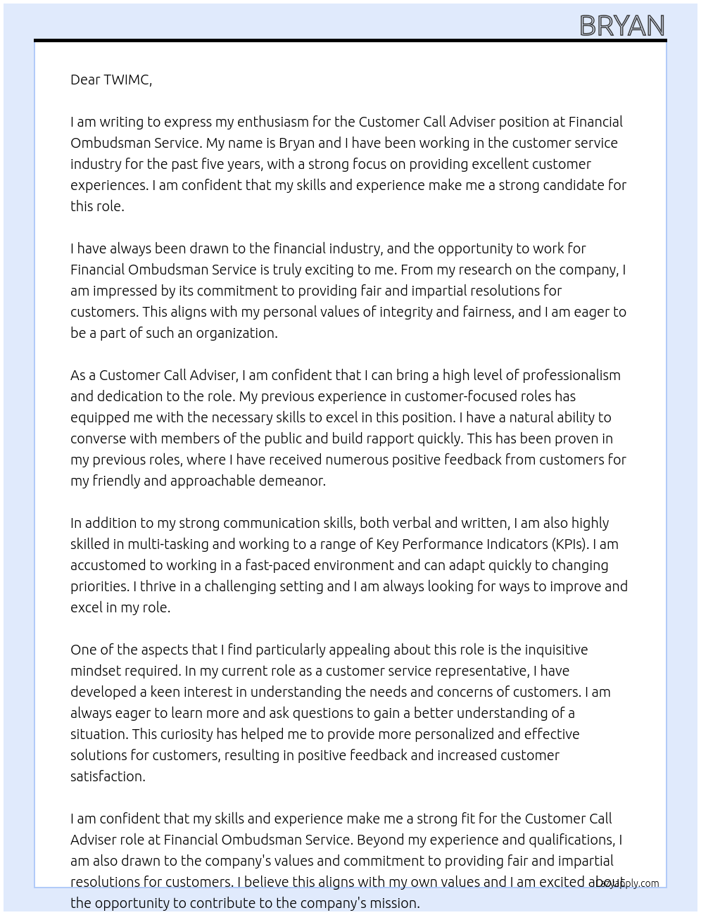 Customer Call Adviser At  Financial Ombudsman Service Cover Letter