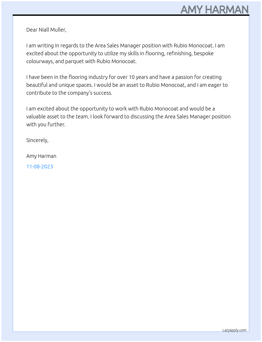 Area Sales Manager At Rubio Monocoat Cover Letter