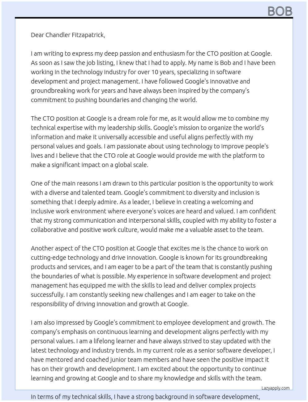 CTO At google Cover Letter
