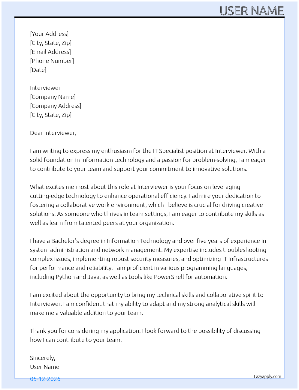 IT specialist At Interviewer Cover Letter