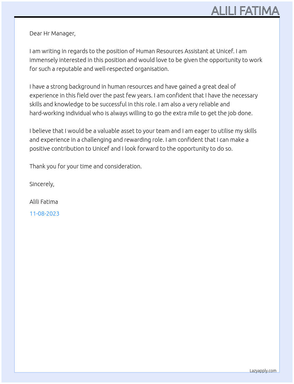 Human Resources Assistant At Unicef Cover Letter