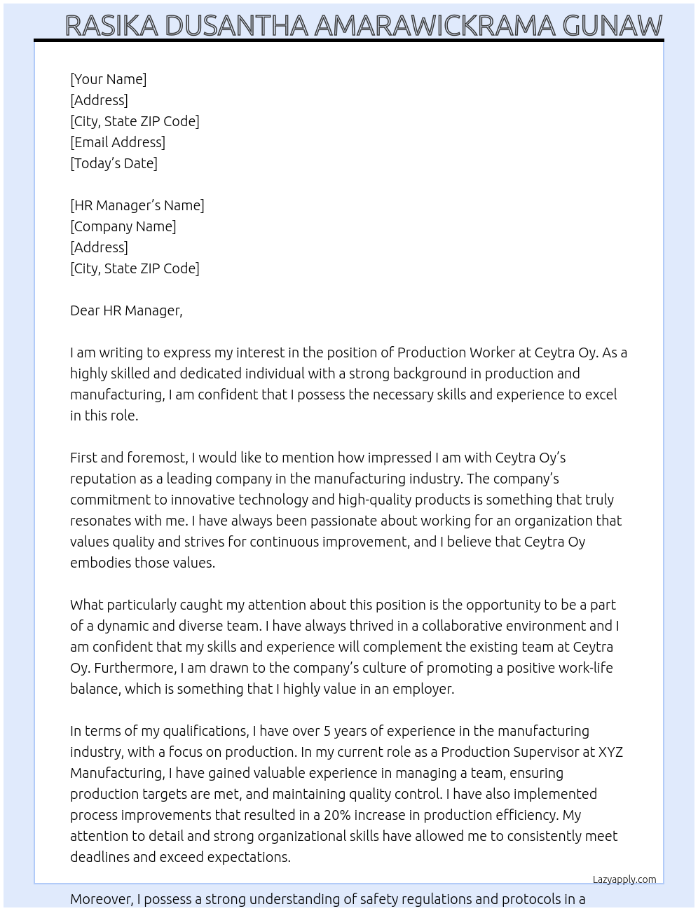 production worker At Ceytra Oy Cover Letter