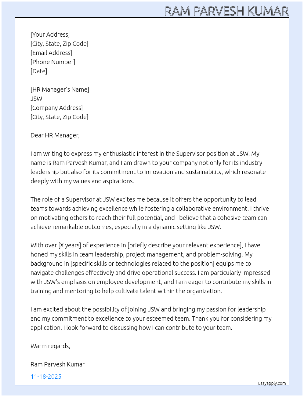 Supervisor At Jsw Cover Letter