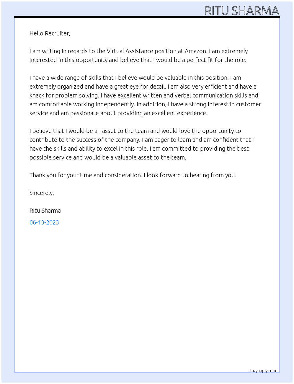 Virtual Assistance At Amazon Cover Letter