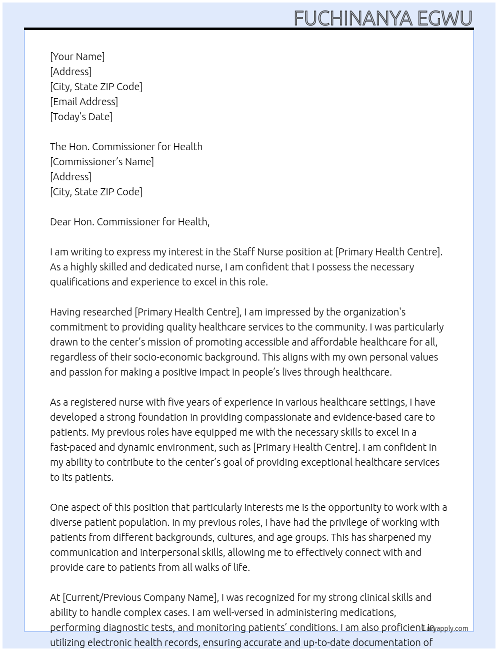 Staff Nurse At Primary Health Centre Cover Letter