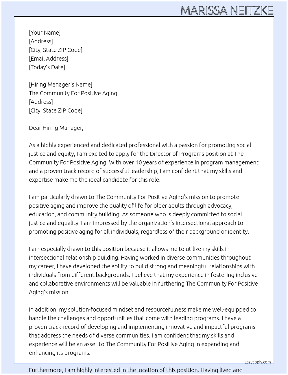 Director of Programs At The Community For Positive Aging Cover Letter