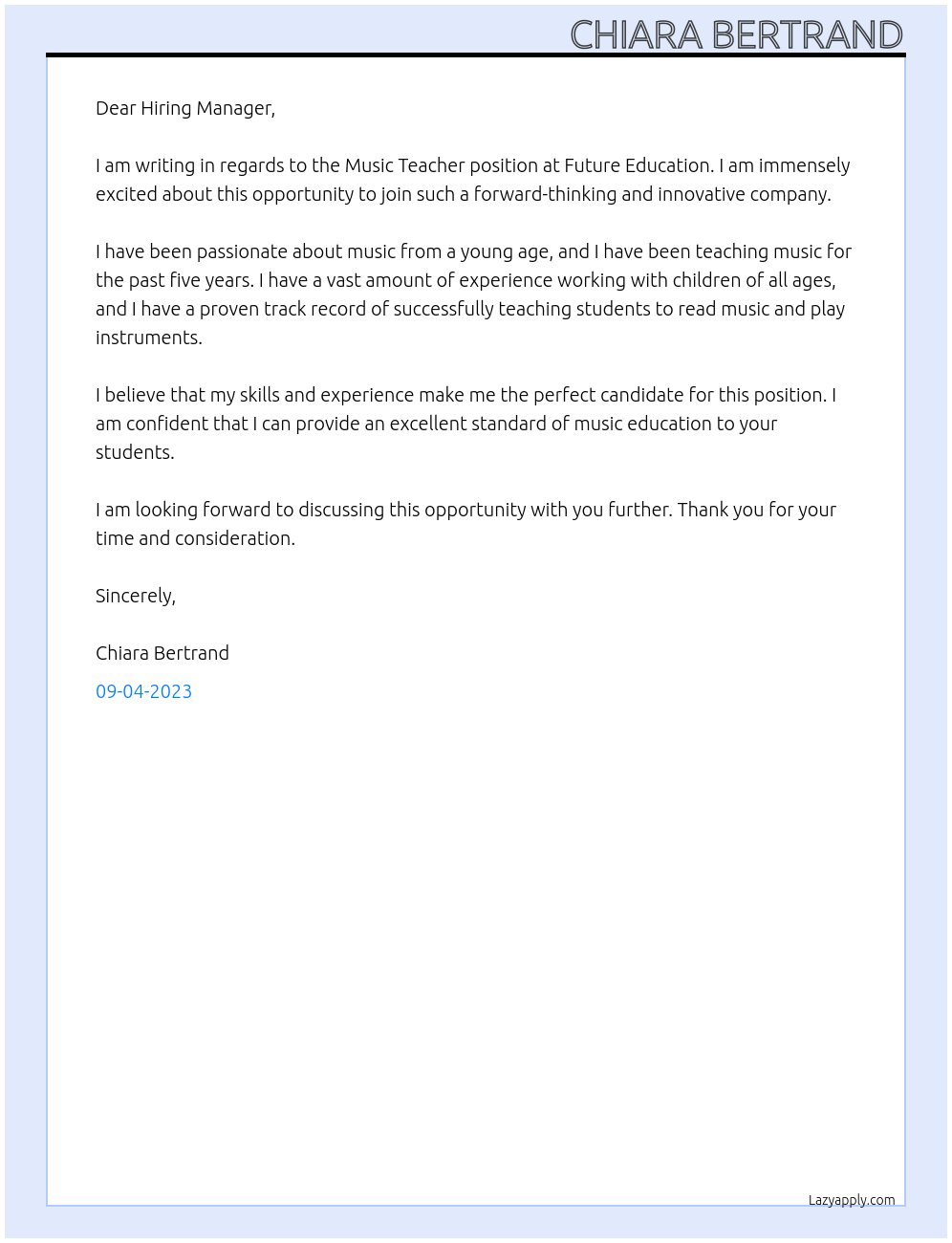 Music Teacher At Future Education Cover Letter