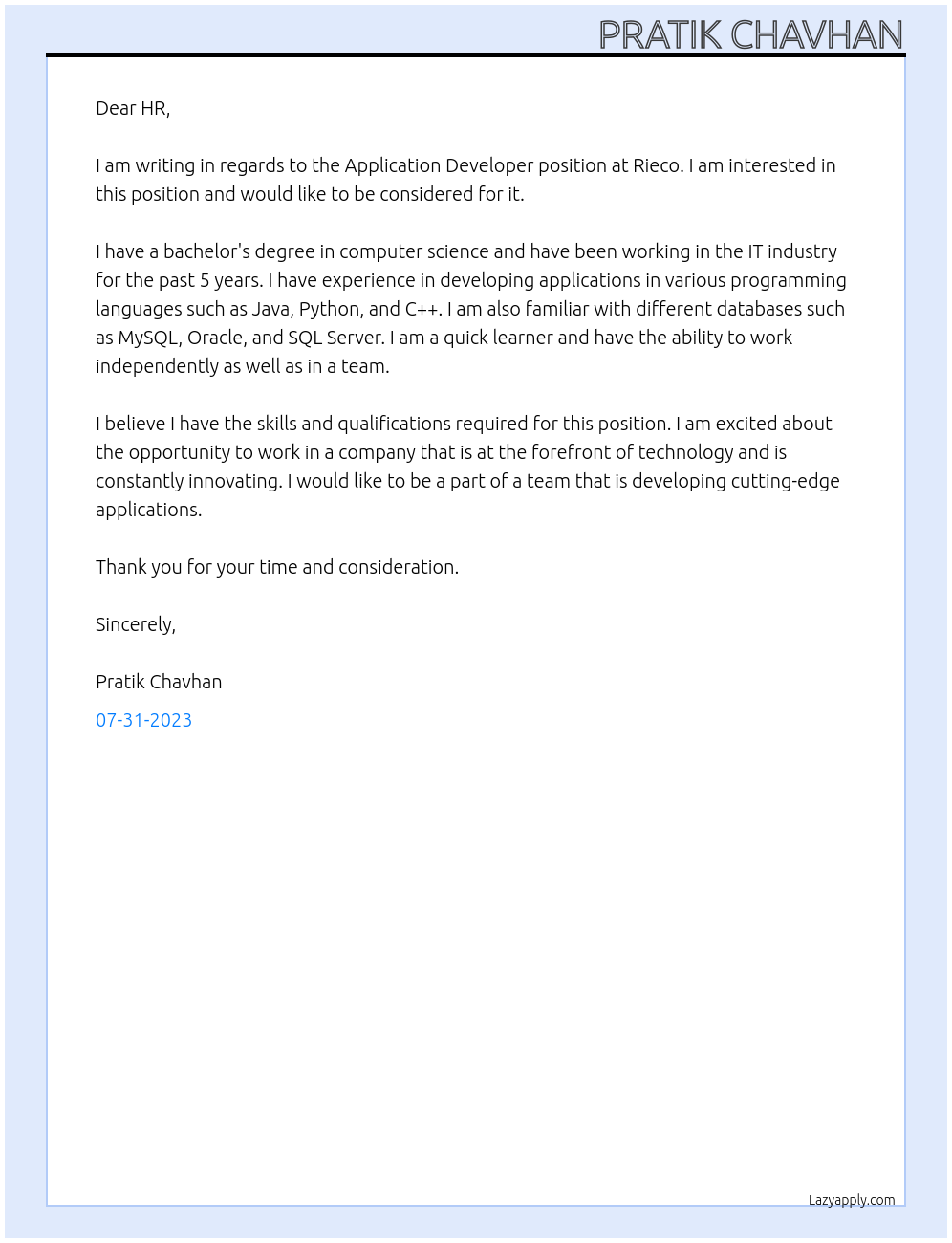 Application Developer At Rieco Cover Letter
