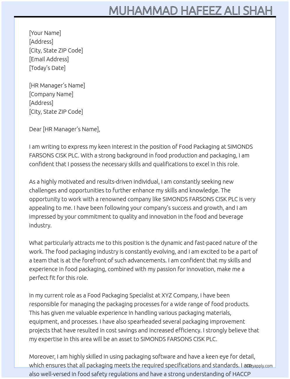 Food Packaging At SIMONDS FARSONS CISK PLC Cover Letter