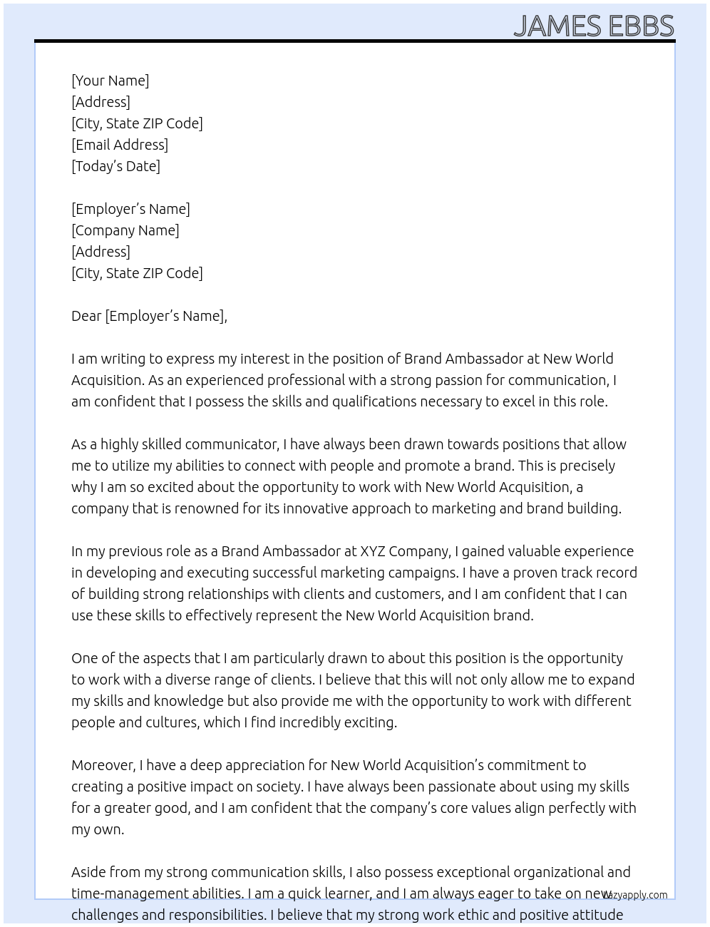 Brand Ambassador At New World Acquisition Cover Letter