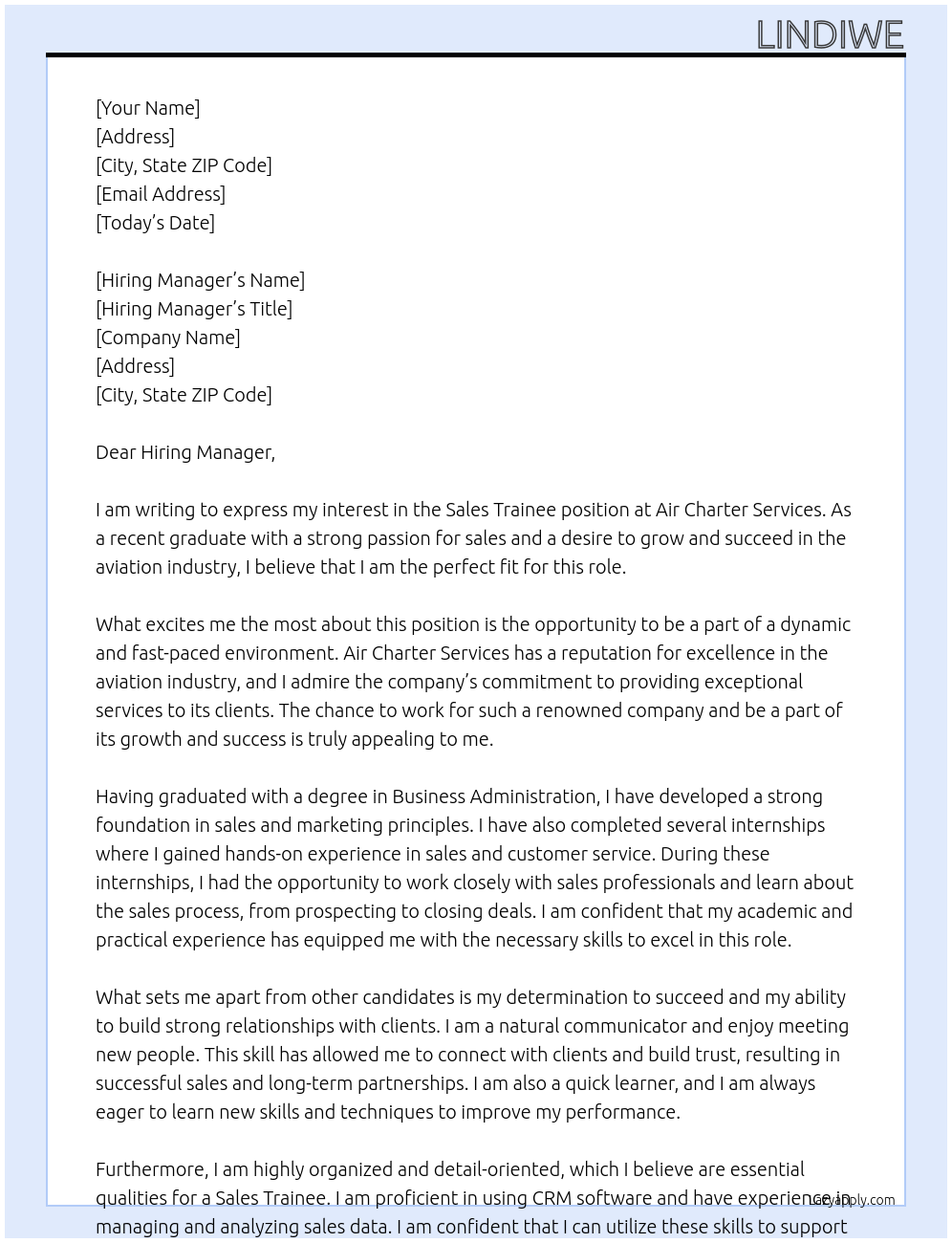 Sales Trainee At Air Charter Services Cover Letter