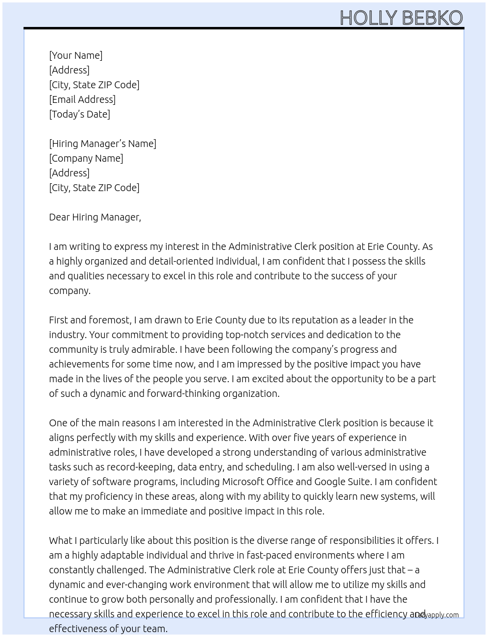 Administrative Clerk At Erie County Cover Letter