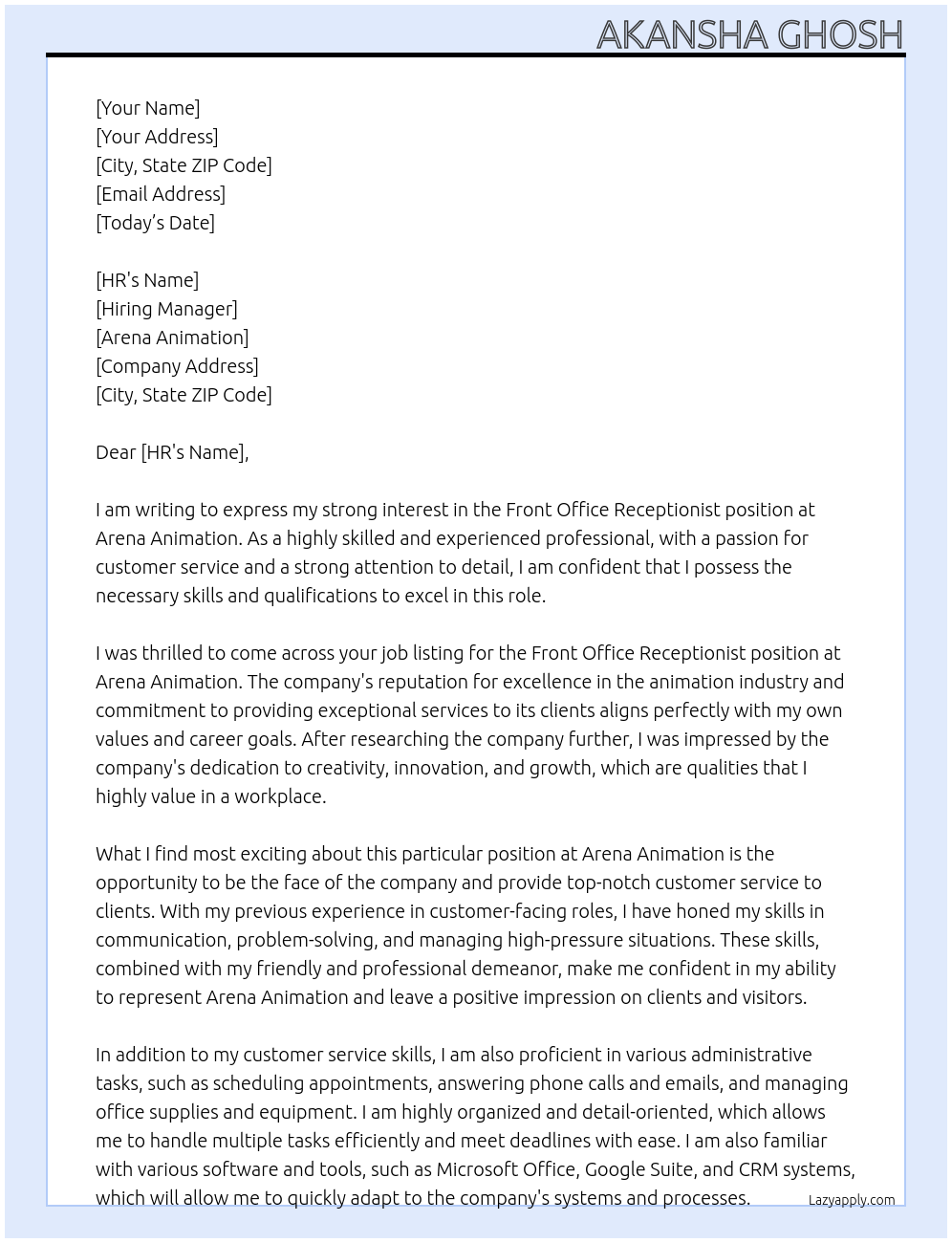 FRONT OFFICE RECEPTIONIST At ARENA ANIMATION Cover Letter