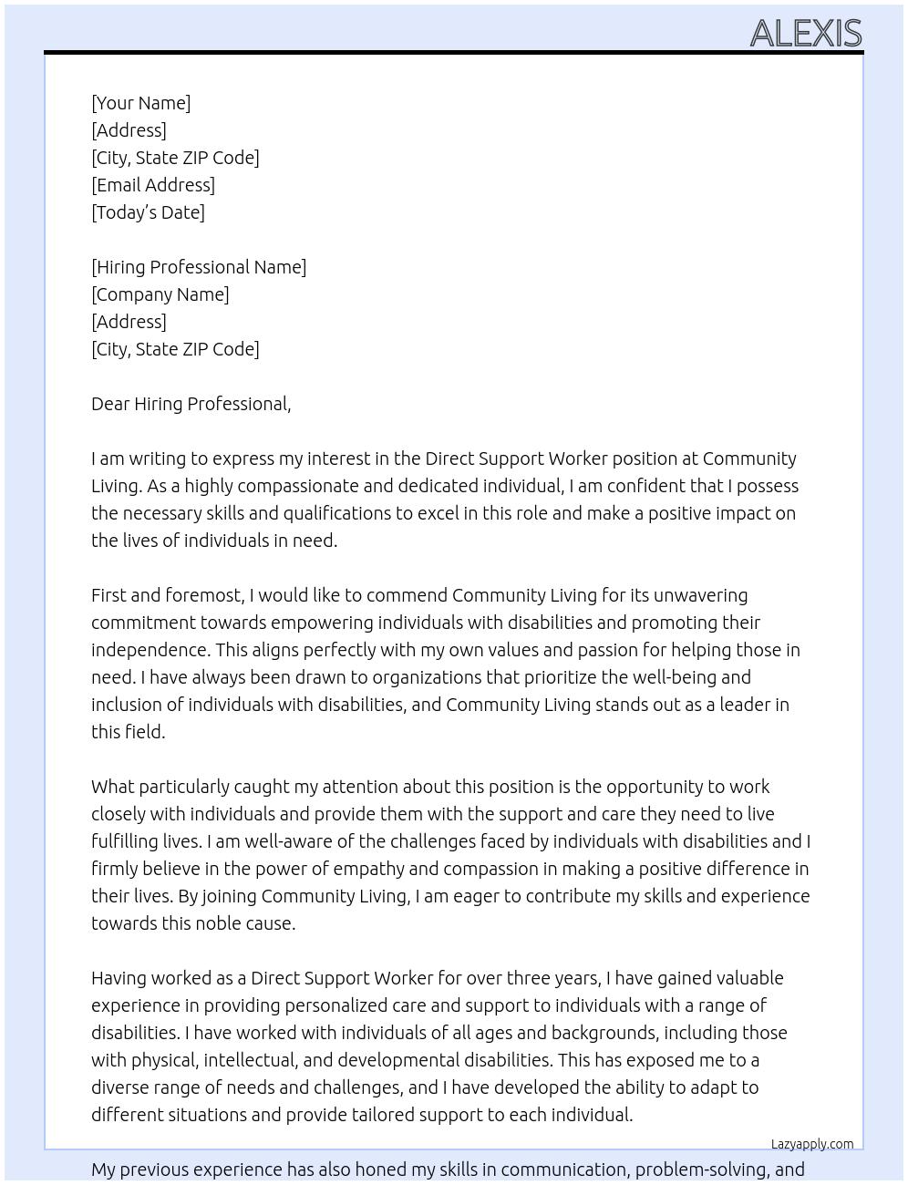 Direct Support Worker At Community Living Cover Letter