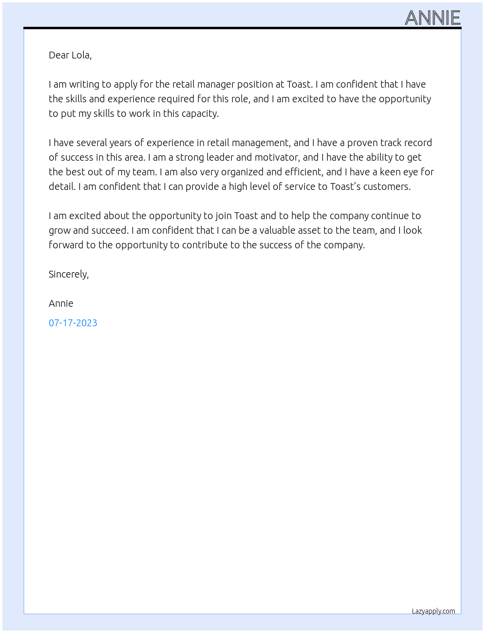 retail manager At Toast Cover Letter