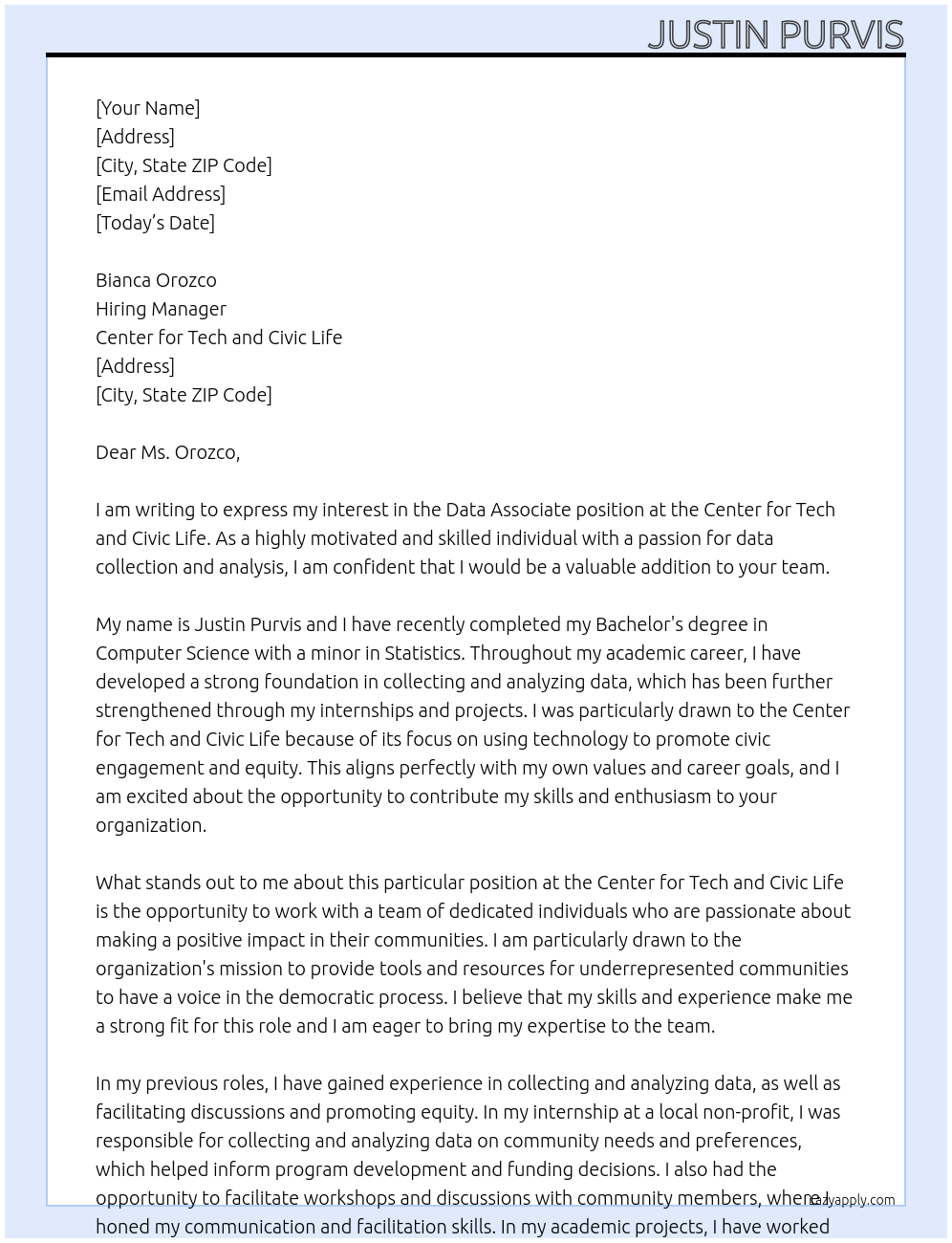 Data Associate At Center for Tech and Civic Life Cover Letter
