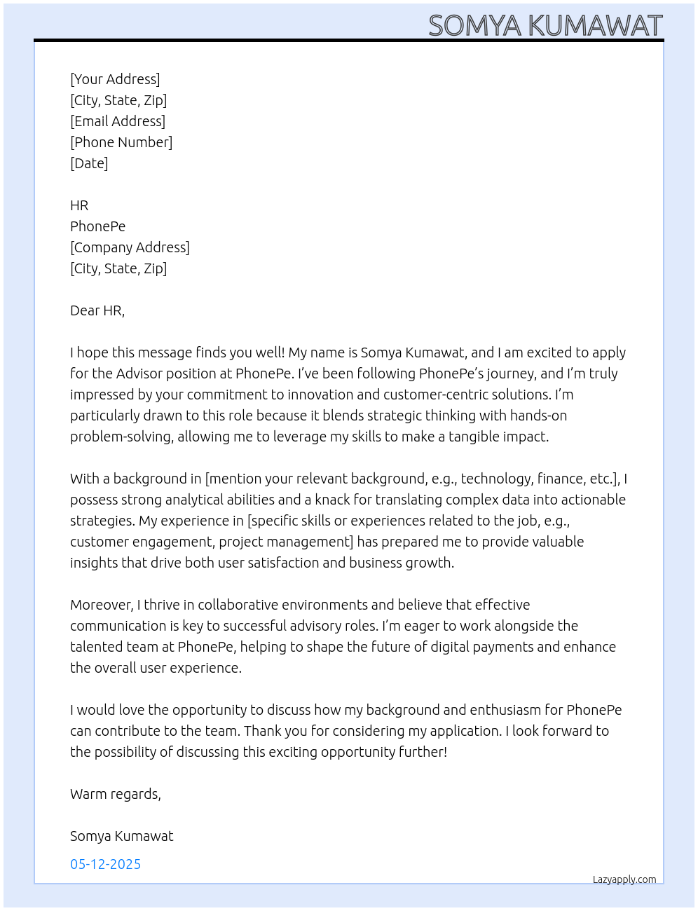 Advisor At phone pe Cover Letter