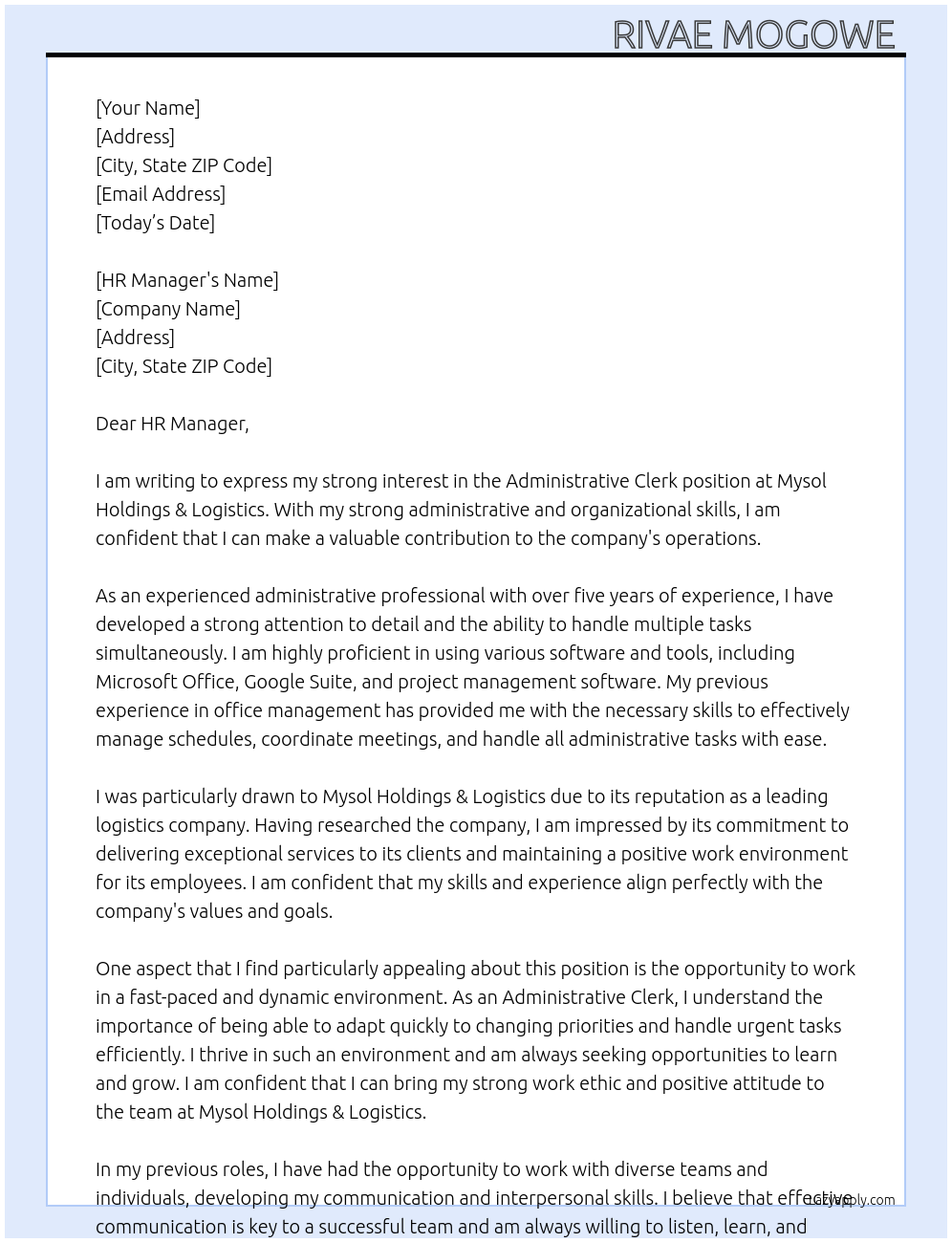 Administrative clerk At Mysol holdings & logistics Cover Letter