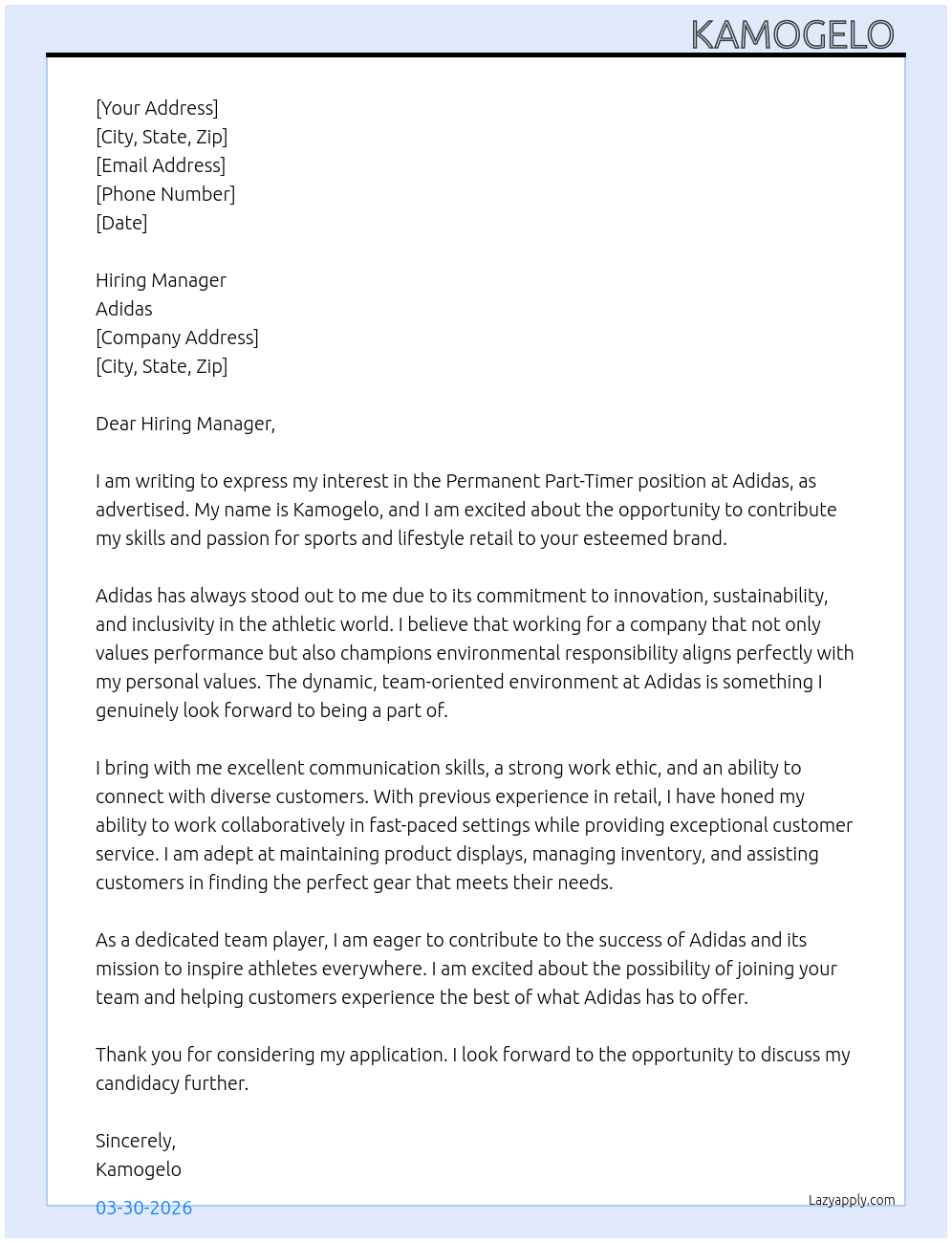 Permanent Part-Timer At Adidas  Cover Letter