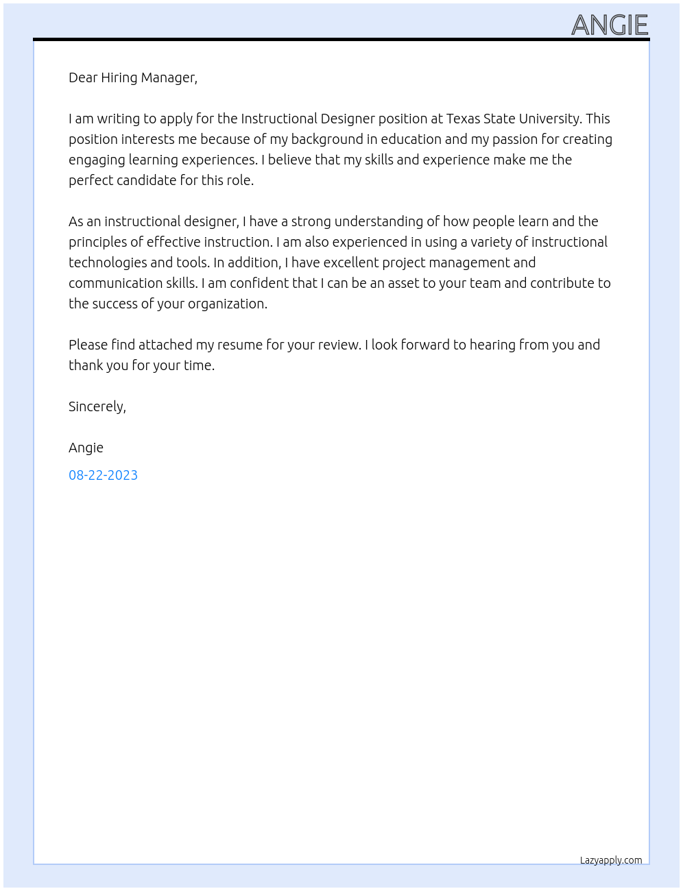 Instructional Designer At Texas State University Cover Letter