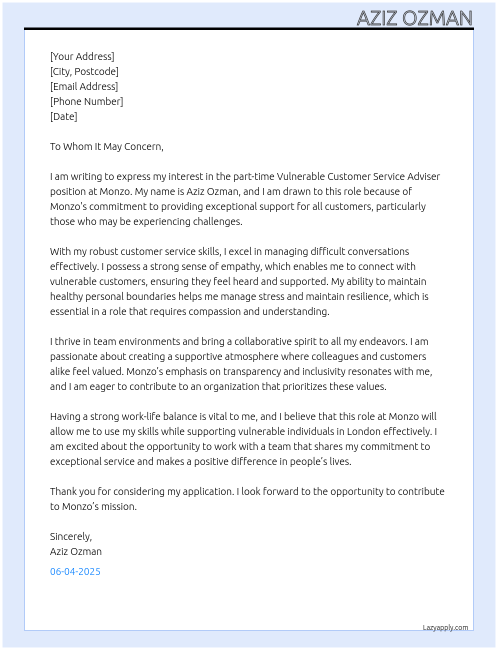 Cover letter for vulnerable customer service adviser - LazyApply