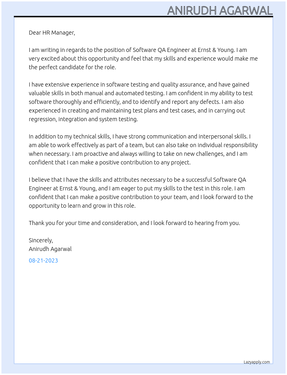 Software QA Engineer At Ernst & Young Cover Letter