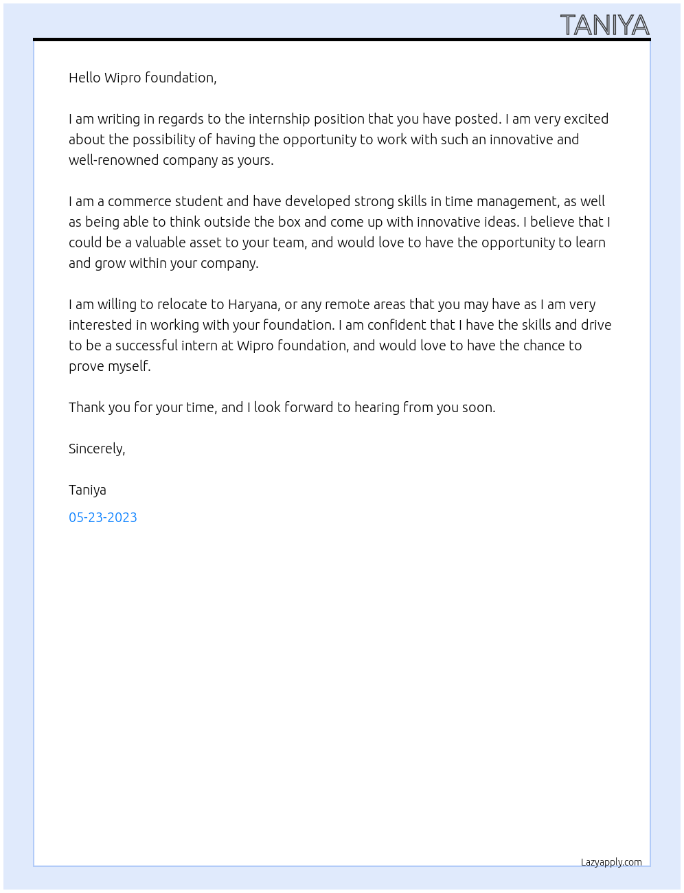 Commerce At Wipro foundation  Cover Letter