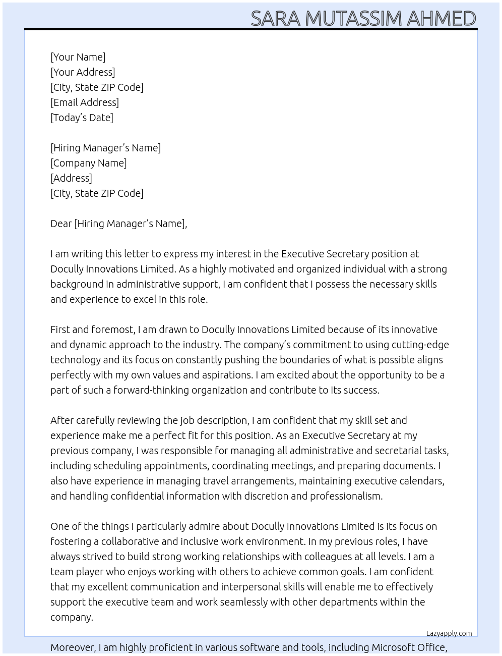 executive secretary  At Docully Innovations Limited Cover Letter