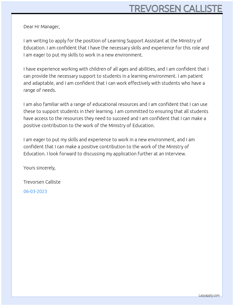 Learning Support Assistant At Ministry of Education Cover Letter