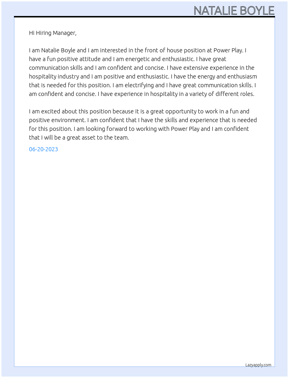 Front of house At Power Play Cover Letter