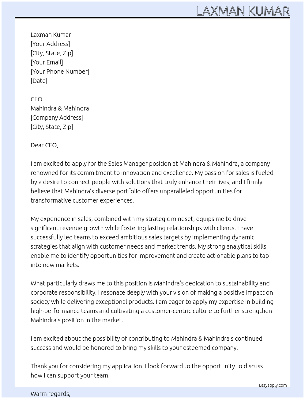 Sales manager At Mahindra $ mahindra Cover Letter