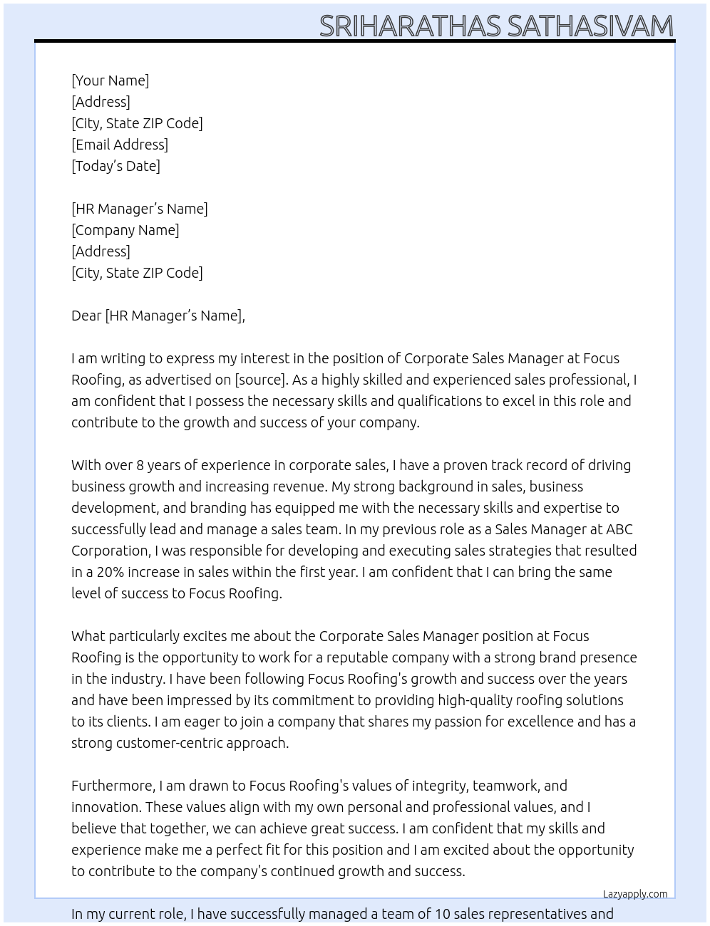 Corporate Sales Manager At Focus Roofing Cover Letter