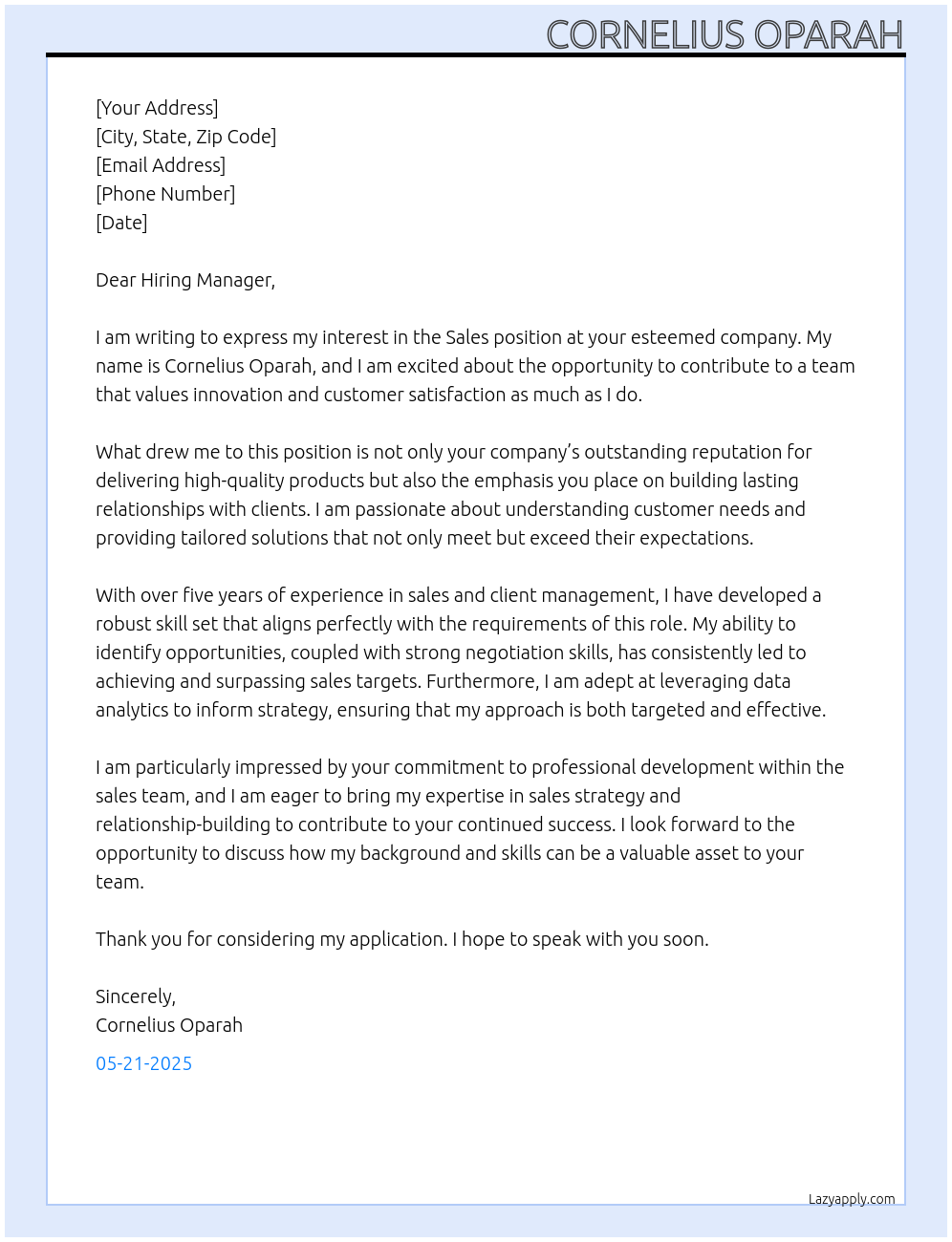 Sales At Hiring Manager Cover Letter