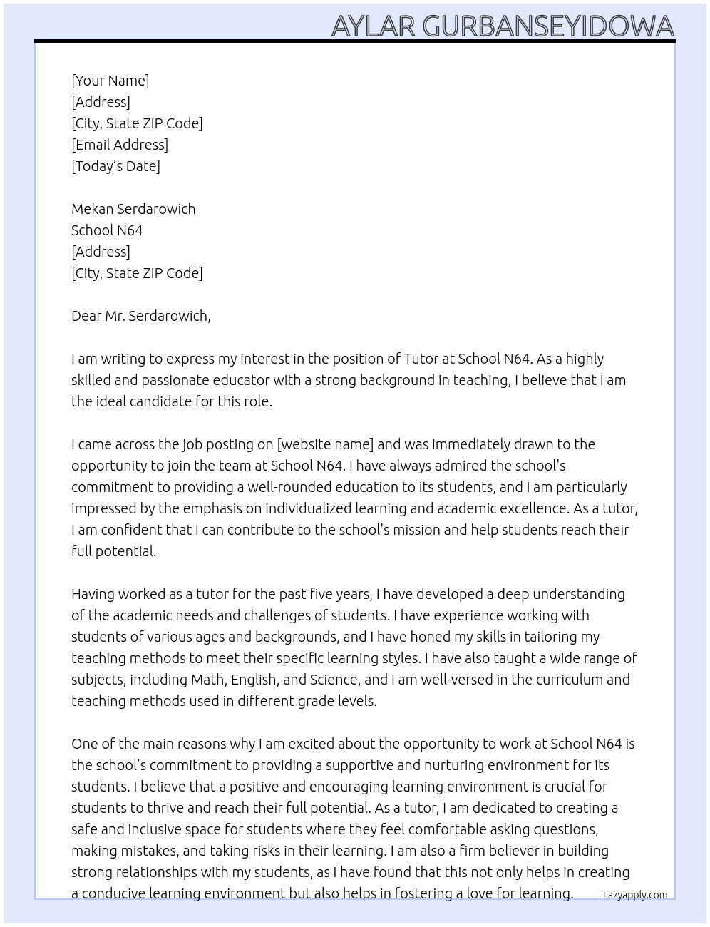 Tutor At School N64 Cover Letter