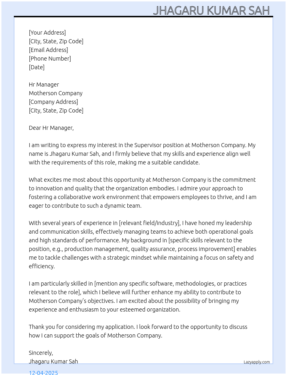 Supervisor At Motherson company Cover Letter