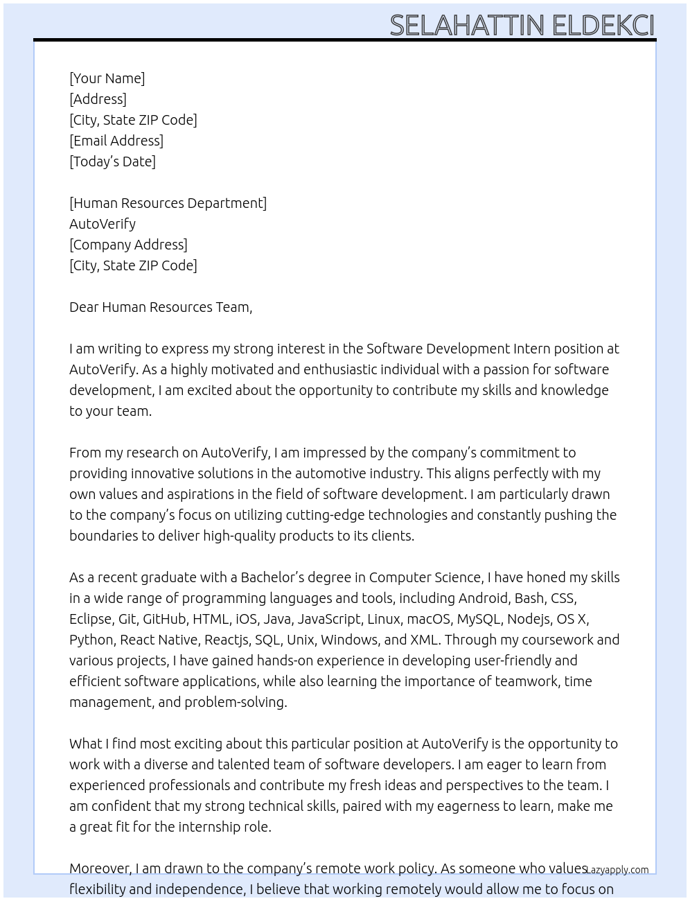 Software Development Intern At AutoVerify Cover Letter