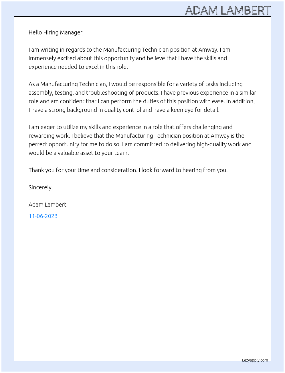 Manufacturing technician At Amway Cover Letter