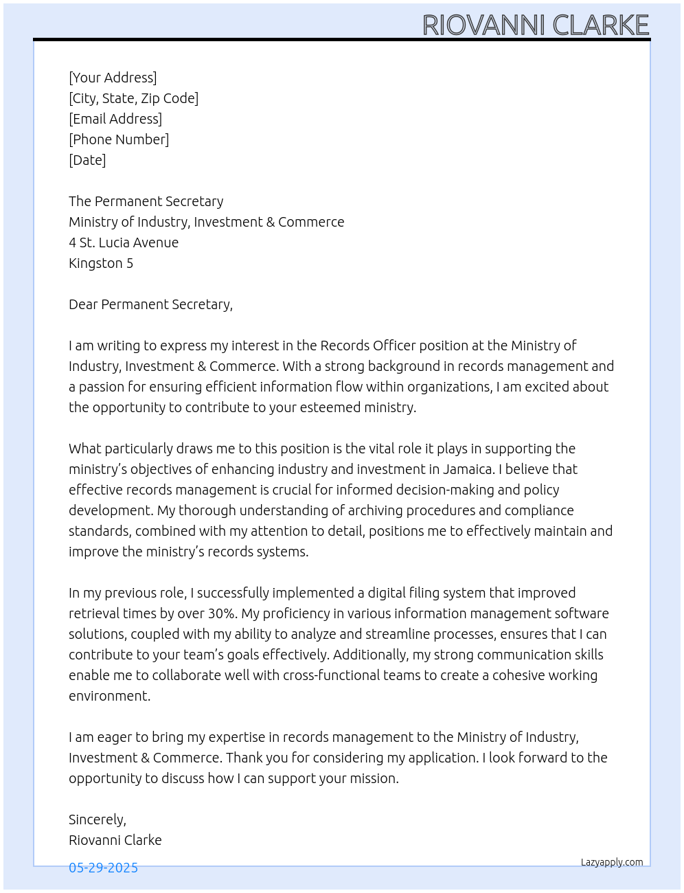 Records Officer At Ministry of Industry, Investment and Commerce Cover Letter