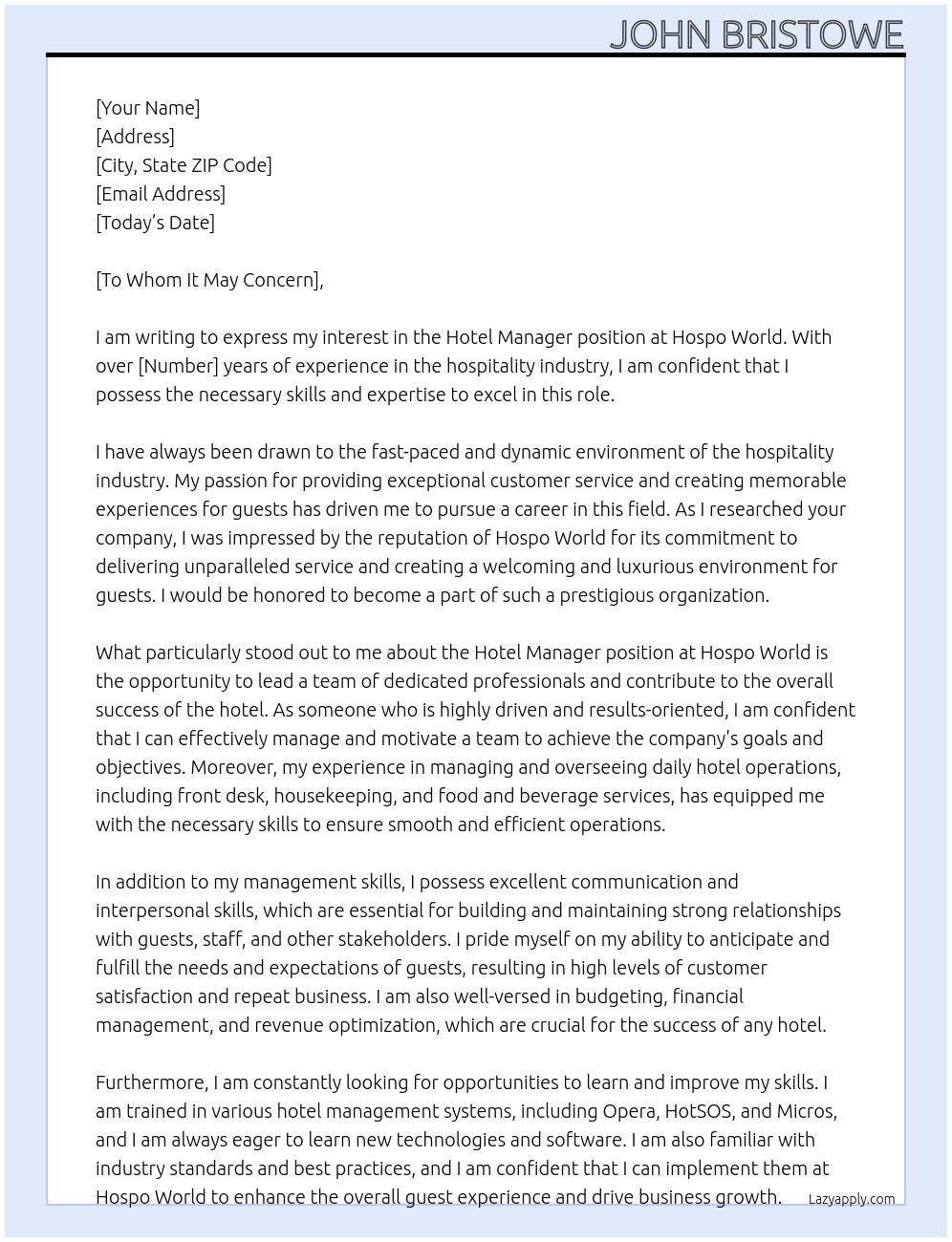 Hotel Manager At Hospo World Cover Letter