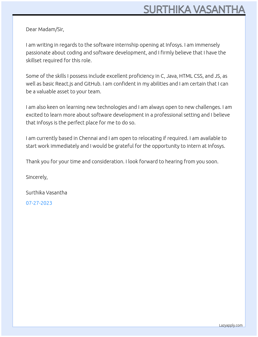 software internship At Infosys Cover Letter