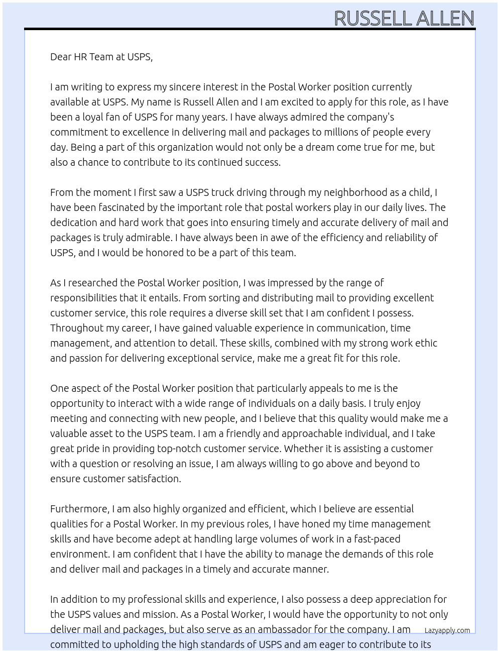 Postal Worker At USPS  Cover Letter