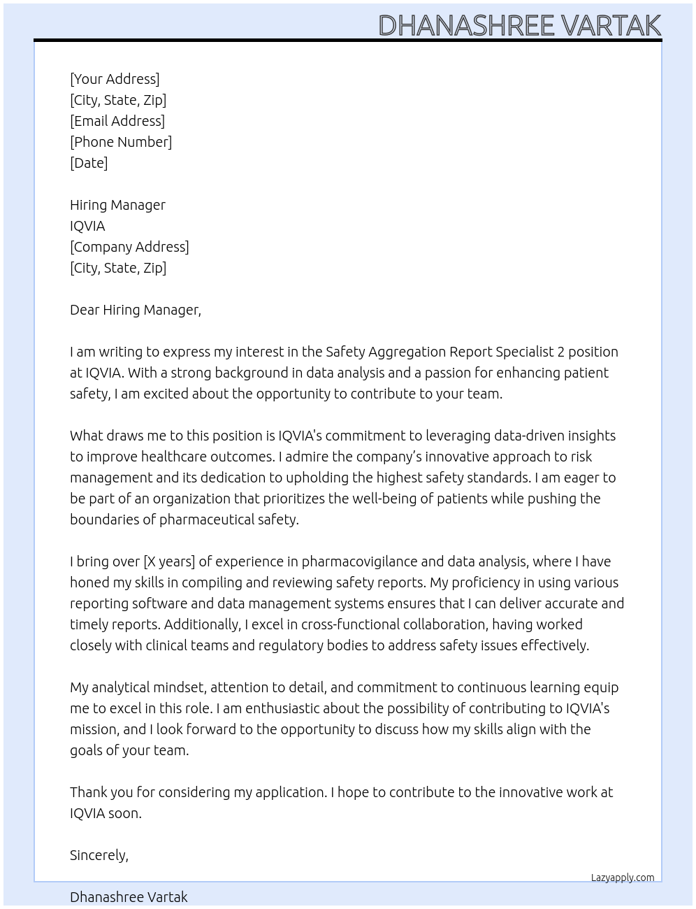 Safety Aggreg Report Spec 2 At IQVIA Cover Letter