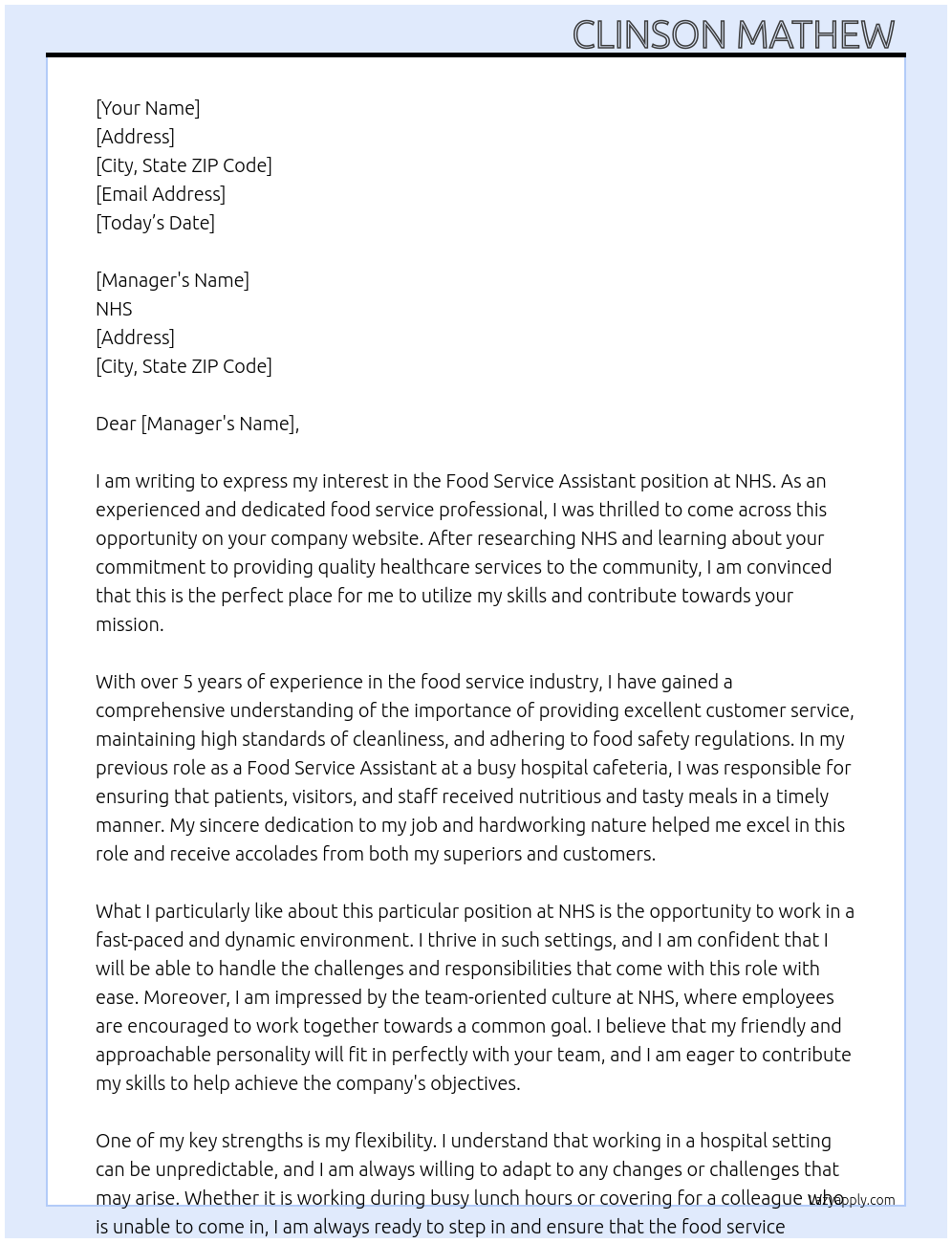 Food service assistant  At NHS  Cover Letter