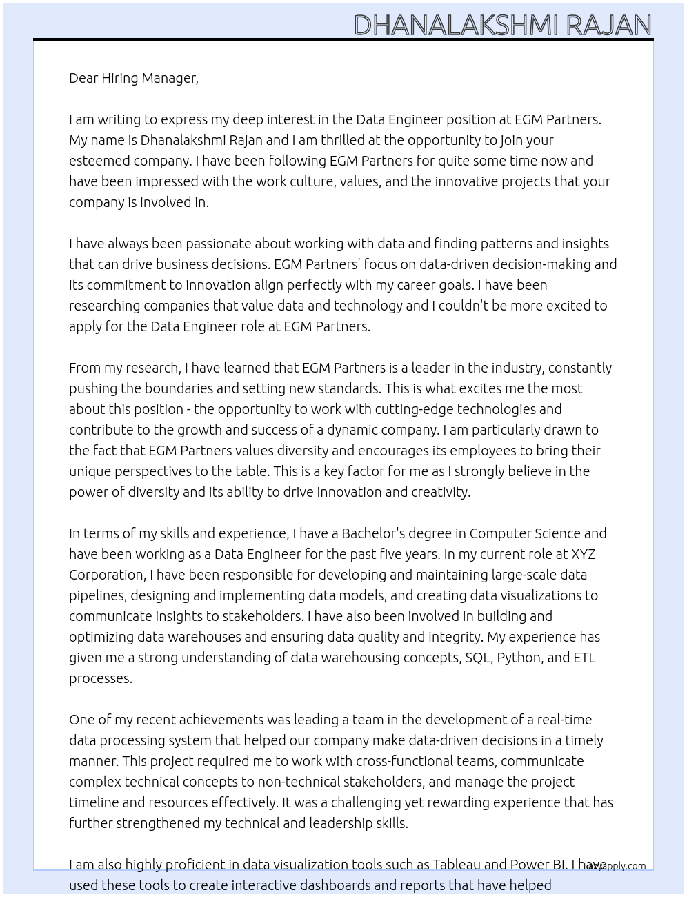 Data Engineer At EGM Partners Cover Letter