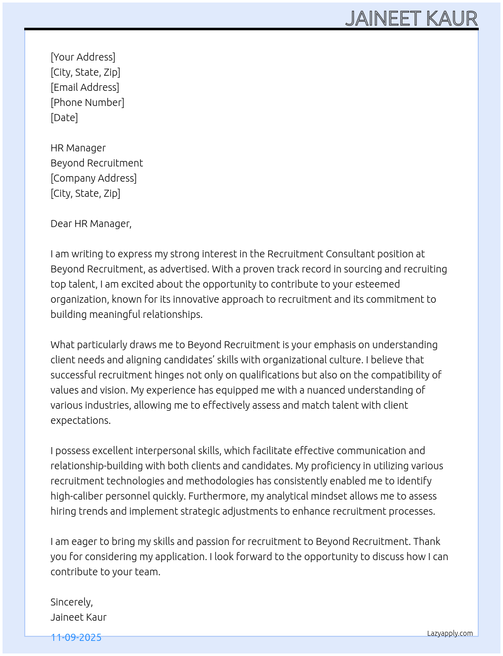 Cover letter for recruitment consultant - LazyApply