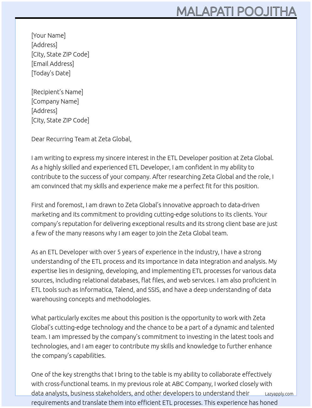 ETL Developer At Zeta Global Cover Letter